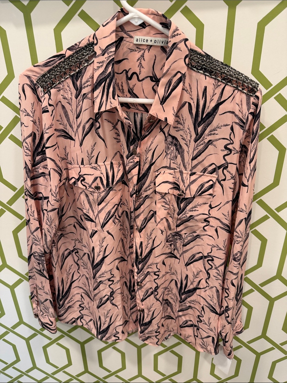 alice + olivia Pink Silk Button-Front Blouse with Beautiful Embellished Shoulder